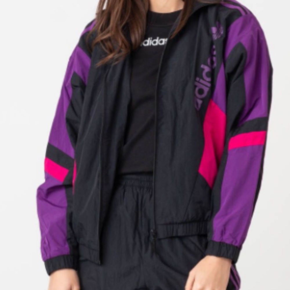 NWT Adidas Women's Black and Purple color block windbreaker Jacket
